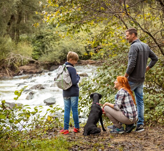Familie mit Hundern Wandern am Wasser 