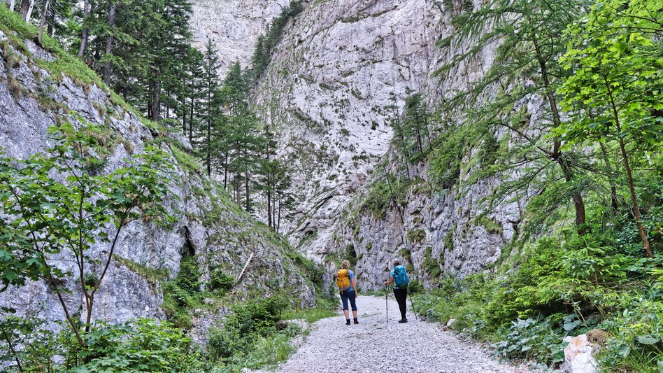 Zwei Wanderer von hinten gehen einen Weg der zu einem großen Felsen führt