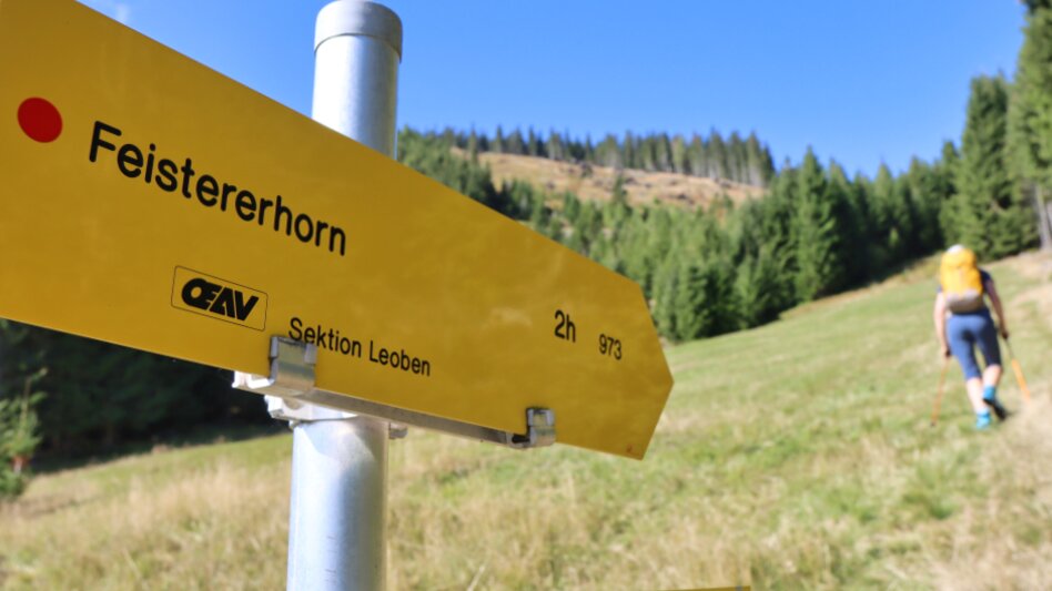Frau wandert den Weg entlang zum Feistererhorn welcher das Richtungsschild anzeigt | © WEGES OG