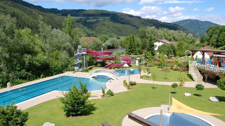 Freibad Niklasdorf von oben, mit Restaurant, Rutsche und Wiesenfläche