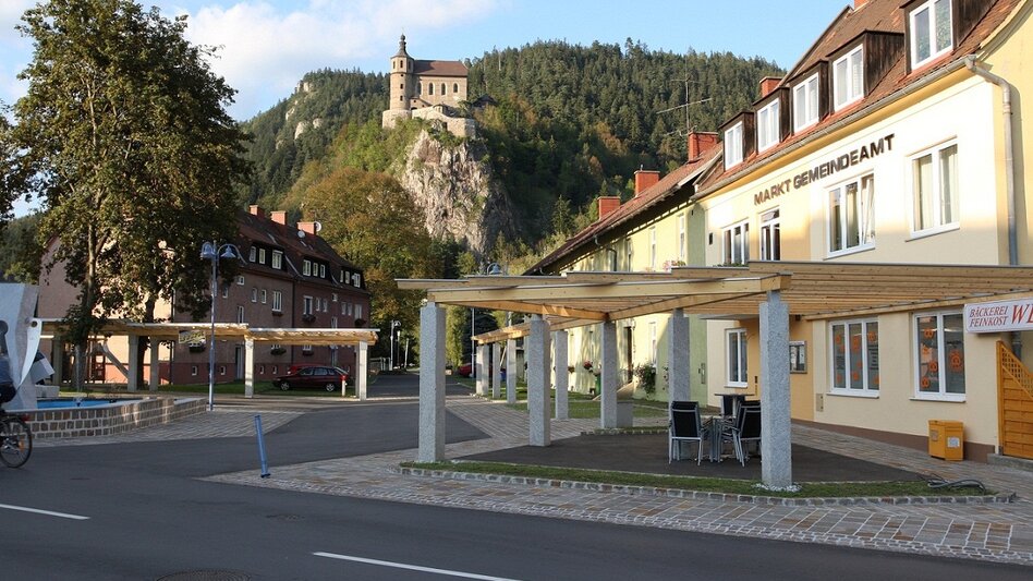 Ortsansicht von St.Peter Freienstein mit dem Gemeindeamt mit Bäumen und Bergen. Auf dem Berg dahinter ist eine Burg