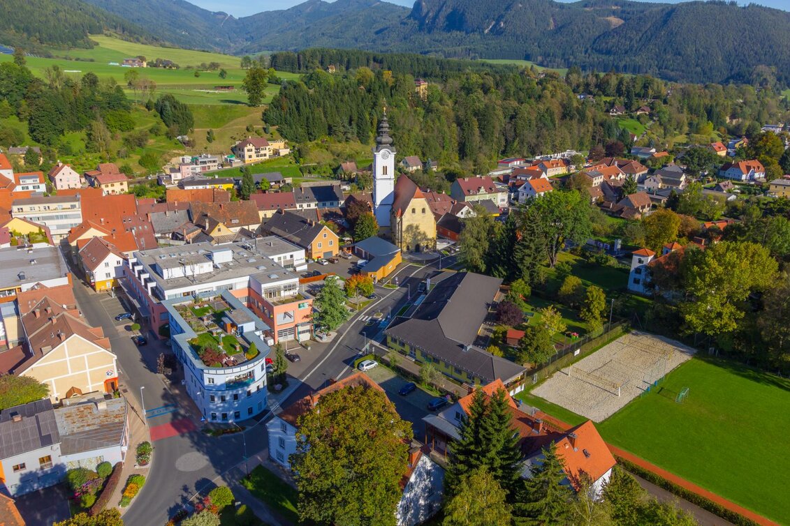 Innenstadt von oben mit Wiesen und Bäumen