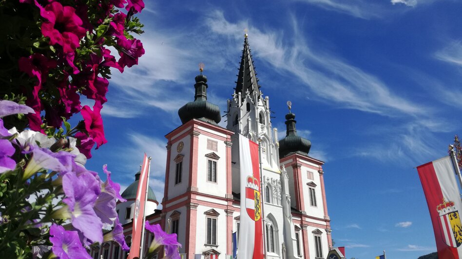 Ansicht der Basilika Mariazell bei blauem Himmel mit Fahnen der 9 Bundesländer und Blumen im Vordergrund