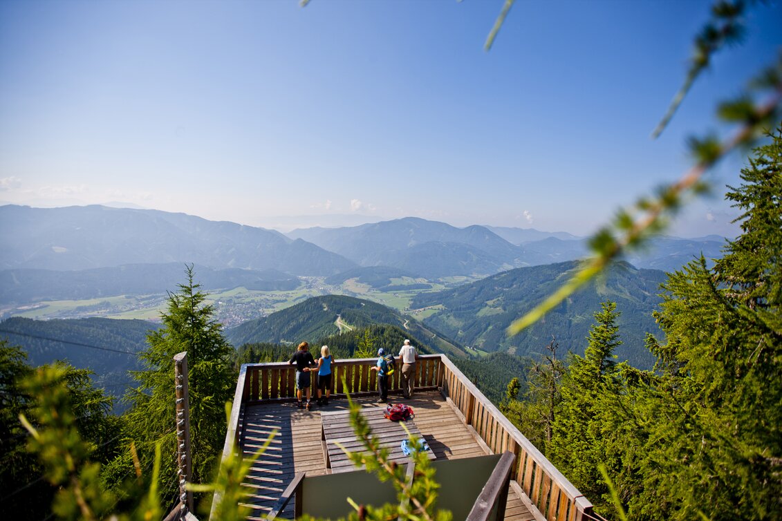 Vier Menschen stehen auf einer Aussichtsplattform und bestaunen den Weitblick