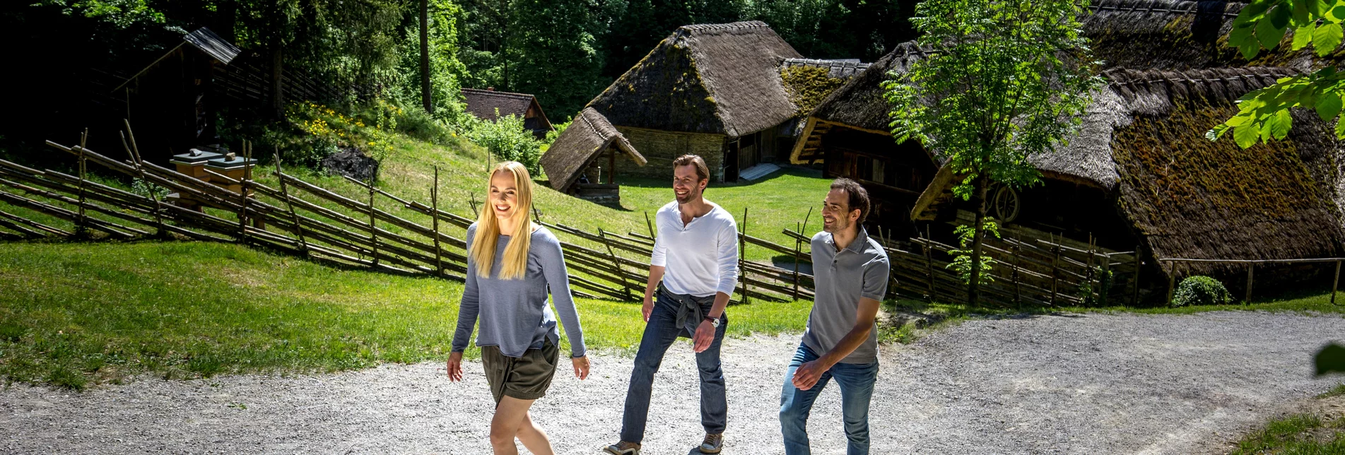 Gruppe spaziert zwischen Bauernhäusern durch das Freilichtmuseum Stübing | © Region Graz