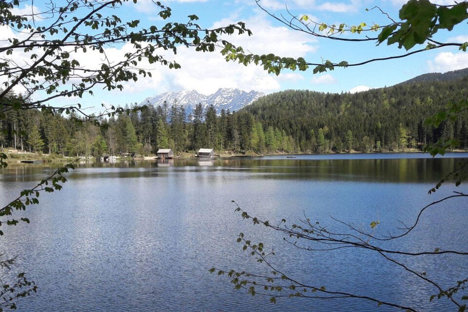 Ein See liegt mitten im Wald und am Ufer stehen vereinzelt kleine Bootshäuser und ein Badesteg führt ins Wasser.  | © Daniela Casari