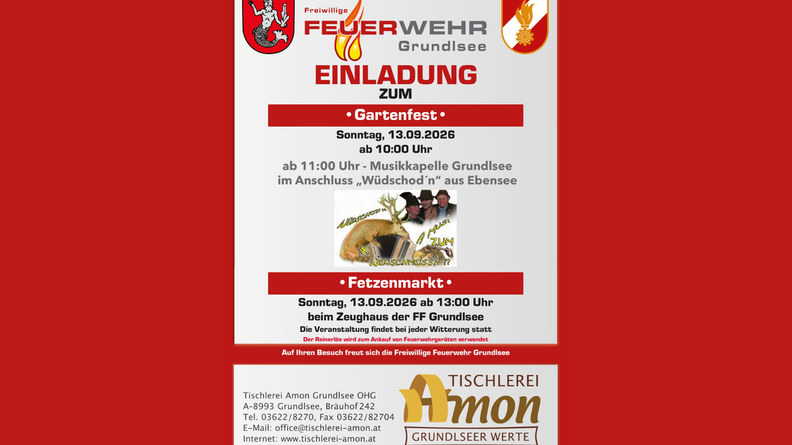 Der Flyer zum Fetzenmarkt mit Gartenfest der Freiwilligen Feuerwehr Grundlsee mit allen Informationen zum Sonntag, den 13. September 2026. | © FF Grundlsee
