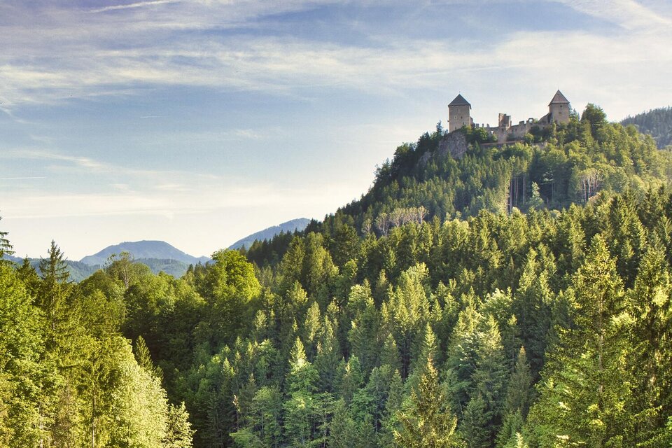 Eine alte Burg steht auf einem Hügel, umgeben von dichten Wäldern. Im Hintergrund sind sanfte Berge und ein klarer Himmel zu sehen. | © Archiv TVB Gesäuse