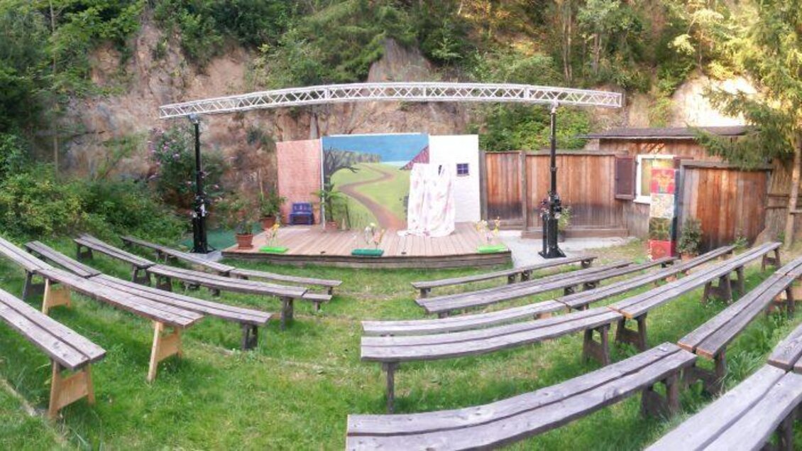 Ein Freilufttheater mit Sitzbänken aus Holz in einer grünen Umgebung. Auf der Bühne ist ein Bild sowie eine Kulisse sichtbar. | © Kulturverein "Die Thalburger"