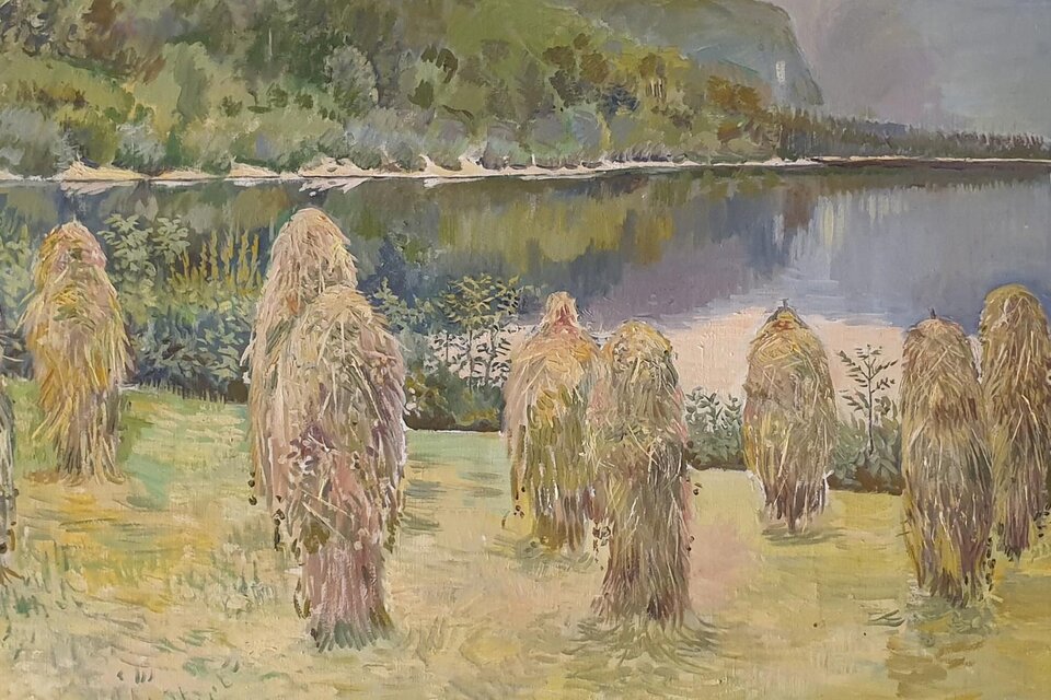 <p>Das Gemälde von Edith Kramer, welches sich "Heumandln am Grundlsee" nennt.</p> | © A. Schoiswohl