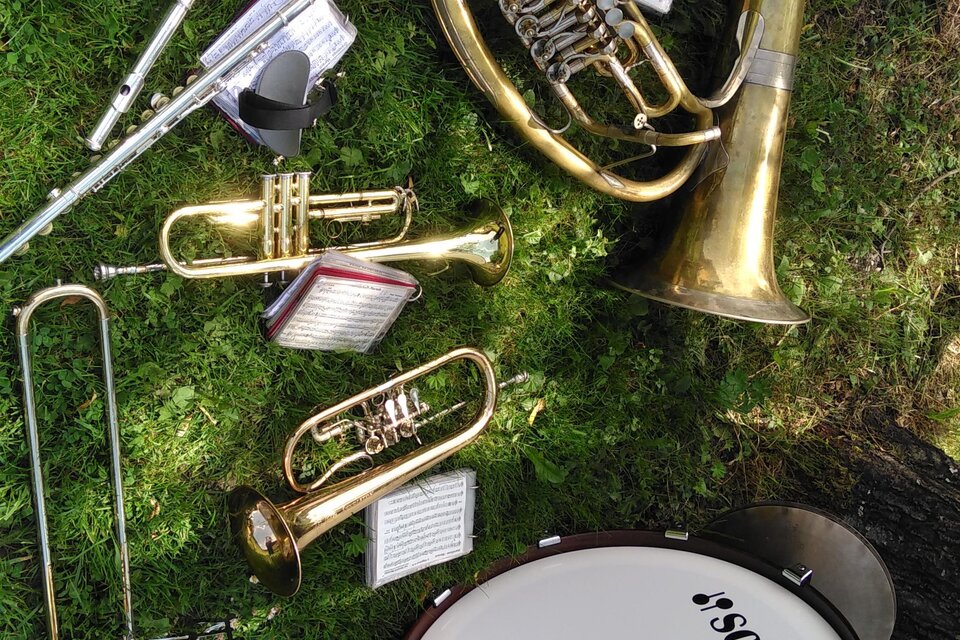 Eine Auswahl an Musikinstrumenten liegt auf grünem Gras. Darunter befinden sich eine Trompete, eine Posaune, eine Tuba, eine Flöte und ein Schlagzeug. | © Marlene Zandl
