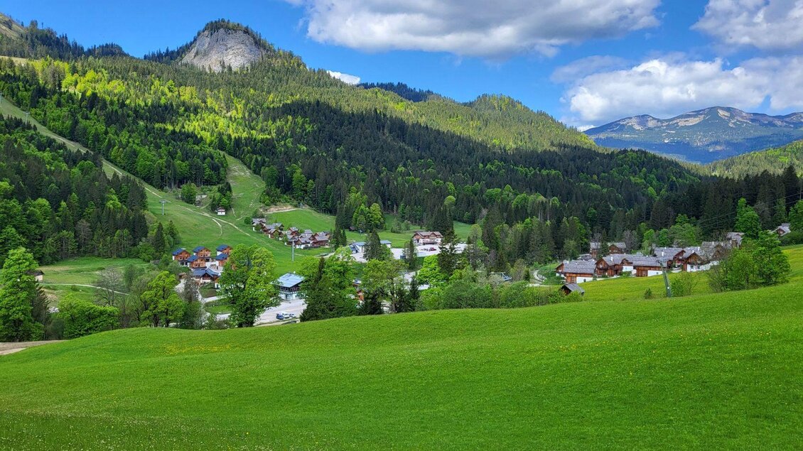 <p>Die grüne Landschaft der Loser Arena in Altaussee. Im Hintergrund sind kleine Häuser der AlpenParkts Hagan Lodge sichtbar.</p> | © Petra Kirchschlager
