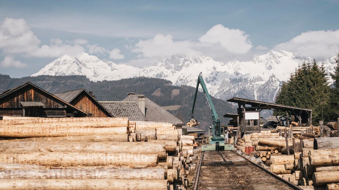 Eine Holzlagerstätte mit gestapelten Baumstämmen und einer Holzverarbeitungsmaschine. Im Hintergrund sind schneebedeckte Berge und ein klarer Himmel zu sehen. | © Stefan Leitner