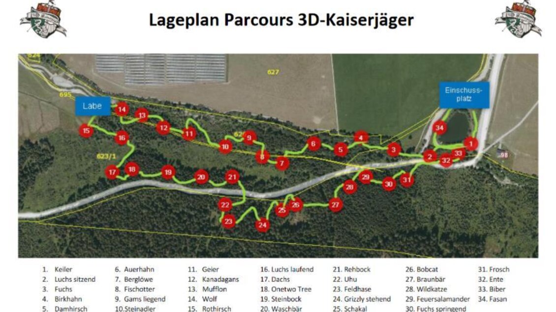 Eine Übersichtskarte des 3D-Kaiserjäger-Kurses mit markierten Stationen. Die Wege sind grün eingezeichnet und die Stationen rot nummeriert. | © BSC Ennstal