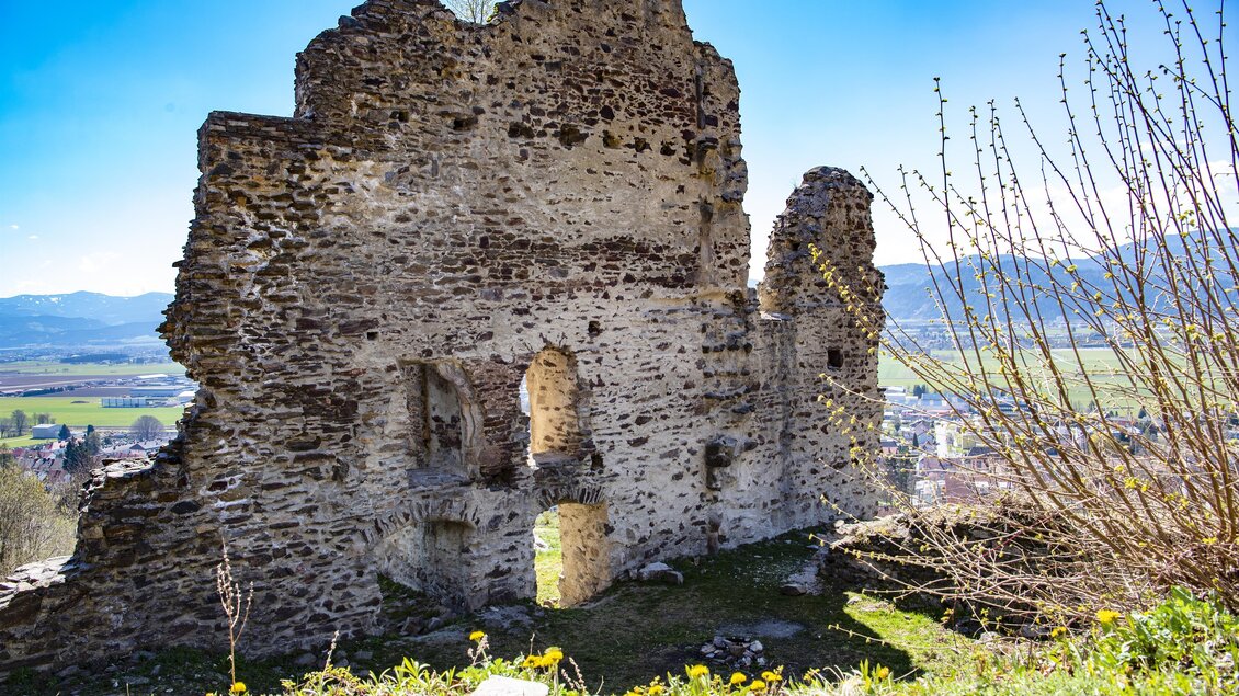 Eine alte Ruine aus Stein steht auf einem Hügel. Im Hintergrund ist eine grüne Landschaft und blühende Pflanzen zu sehen. | © Anita Fössl