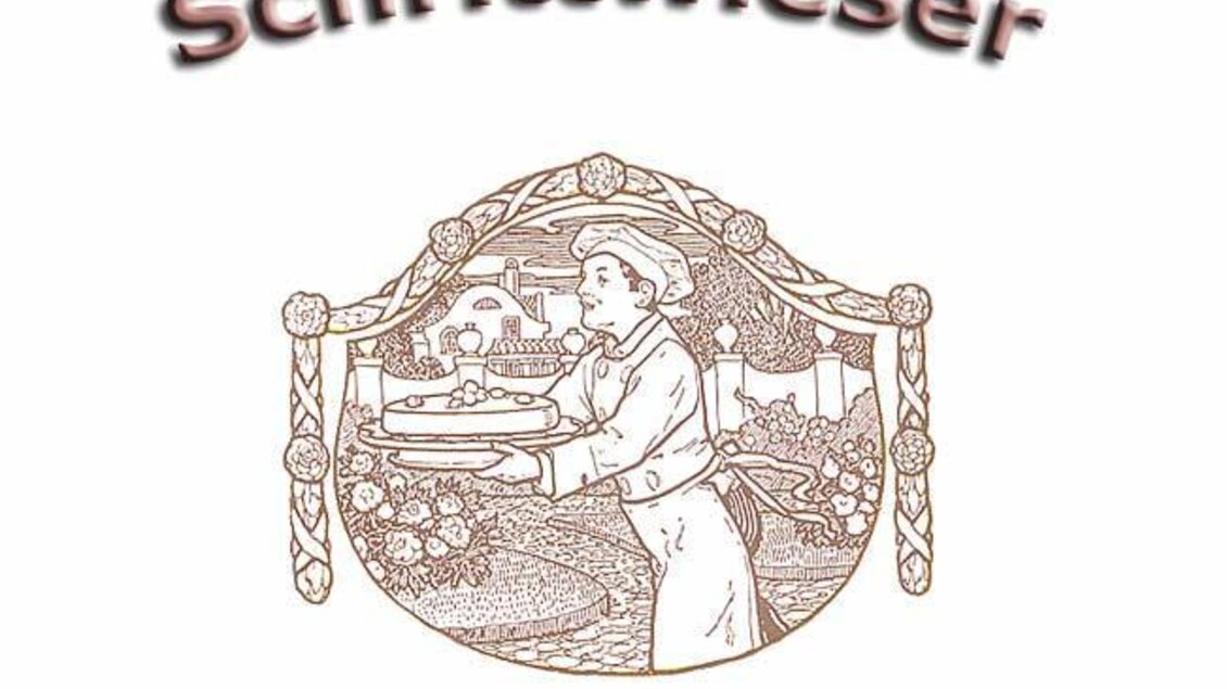 Ein Logo für das Café-Konditorei Schrittwieser. Es zeigt einen Kellner, der Speisen serviert, umgeben von floralen Motiven. | © Cafe Konditorei Schrittwieser