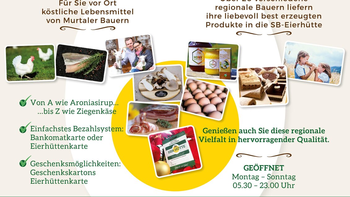 Eine bunte Collage von regionalen Lebensmitteln und Produkten. Es werden verschiedene Erzeugnisse von lokalen Bauern präsentiert, darunter Eier, Marmeladen und andere Köstlichkeiten. | © Eierhütte