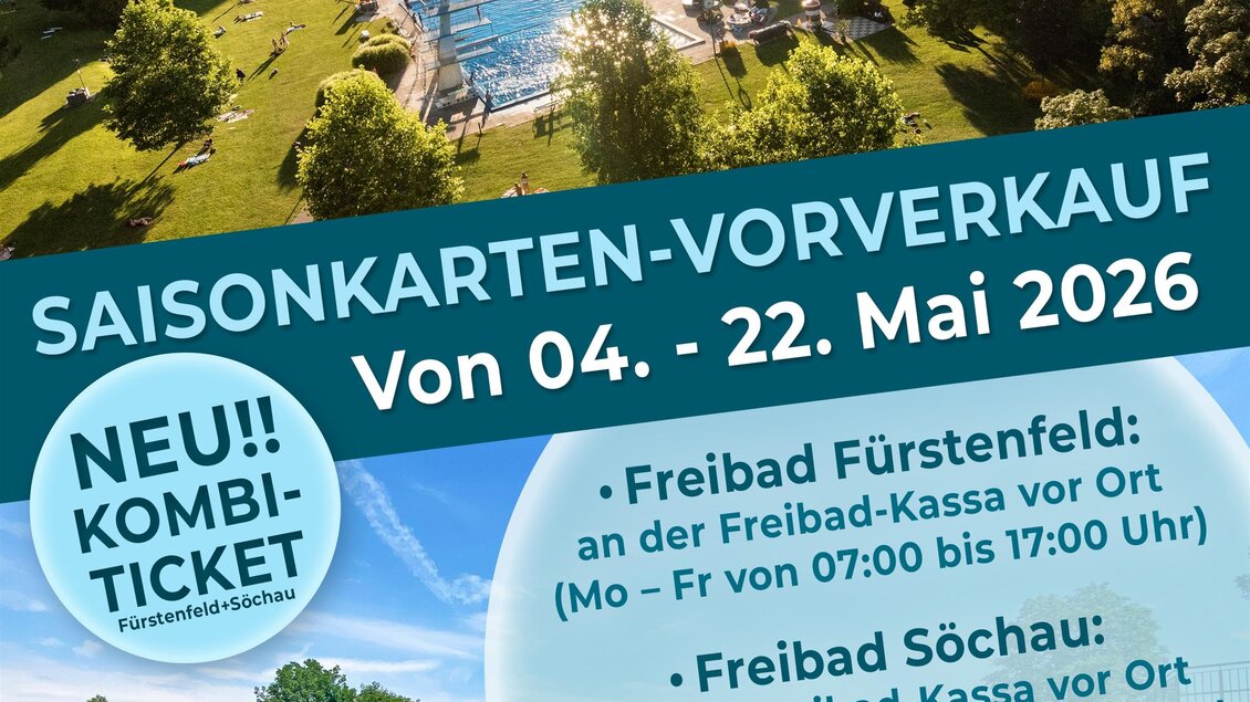 Ein Schönes Freibad mit Schwimmbecken und gepflegter Landschaft. Saisonkarten-Vorverkauf für die Freibäder Fürstenfeld und Söchau. | © Stadtwerke Fürstenfeld