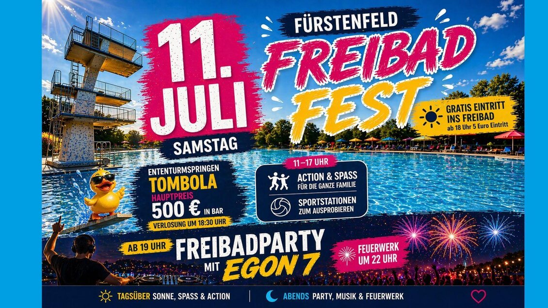 Ein buntes Plakat für das Freibadfest in Fürstenfeld am 11. Juli. Es zeigt eine Feier mit Aktivitäten, einer Tombola und Live-Musik.