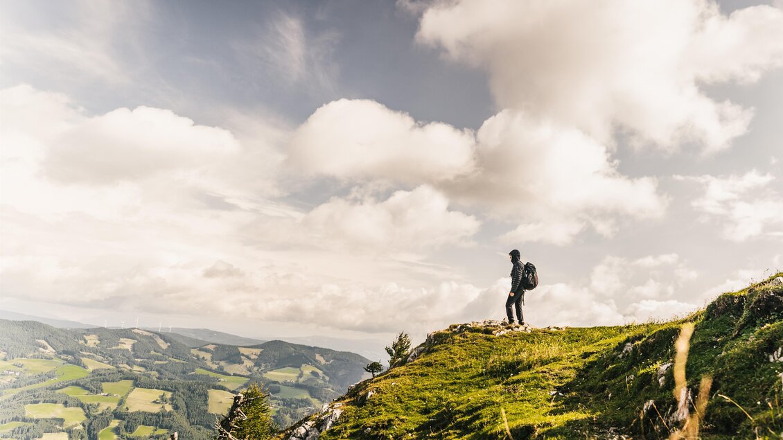 Eine Person steht auf einem grünen Berghang und blickt in die Ferne. Der Himmel ist bewölkt und die Landschaft ist hügelig und grün. | © Oststeiermark Tourismus