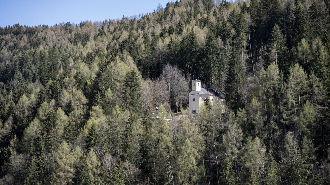 Eine kleine Kirche steht zwischen dichten Wäldern auf einem Hügel. Die Umgebung ist von grünen Bäumen umgeben und der Himmel ist klar. | © Erlebnisregion Murtal