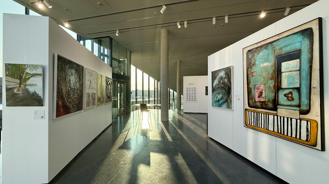 Ein moderner Ausstellungsraum mit bunten Kunstwerken an den Wänden. Durch große Fenster strömt Tageslicht herein und erzeugt Schatten auf dem Boden. | © Kunsthaus Weiz
