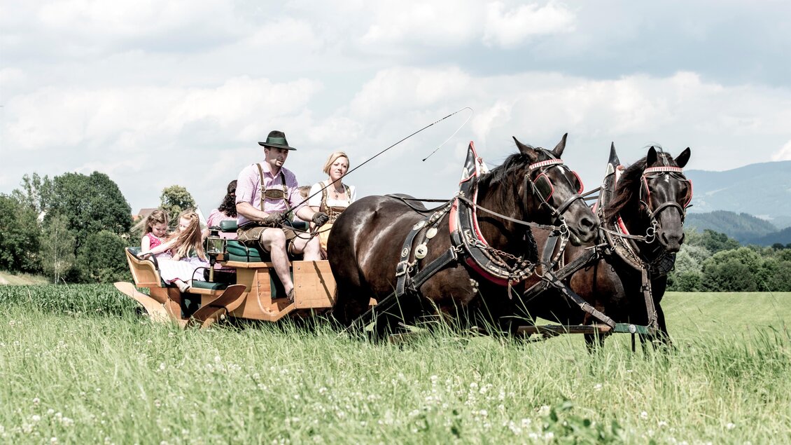 Eine Pferdekutsche fährt durch eine grüne Wiese. Darin sitzen eine Familie in traditioneller Kleidung. | © Familie Deutinger