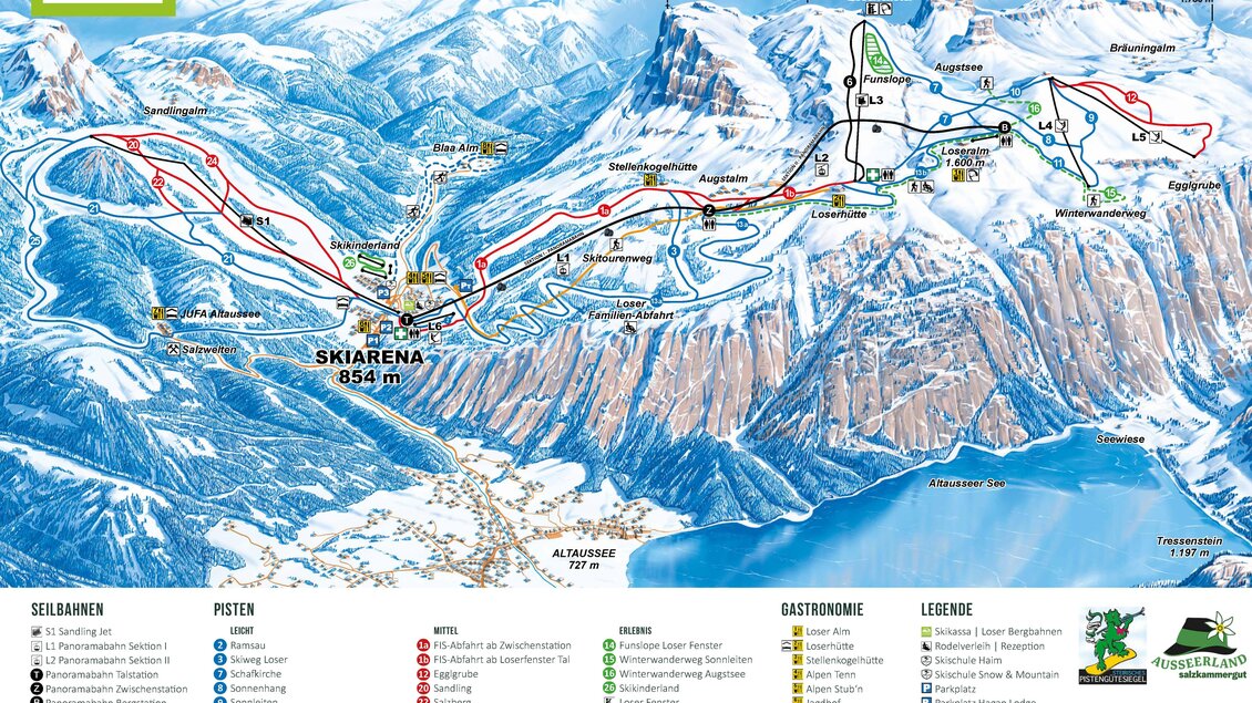 Karte der Skiarena Loser mit Pisten und Seilbahnen in den Alpen. Die Umgebung zeigt verschneite Berge und eine atemberaubende Landschaft. | © Loser Bergbahnen