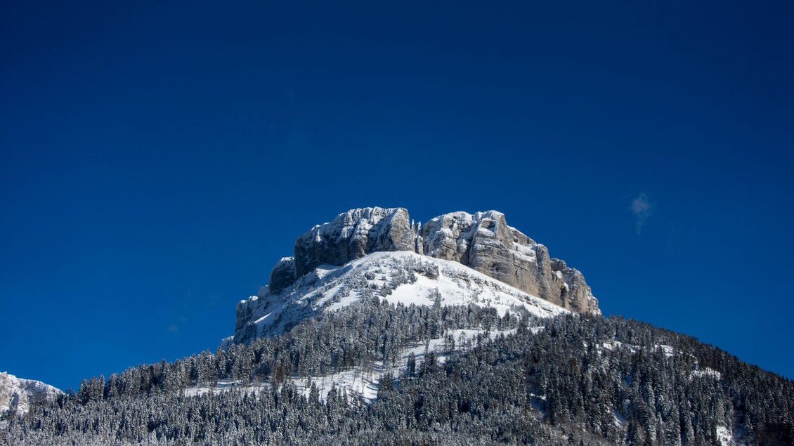 Ein majestätischer Berg mit schneebedecktem Gipfel und dichten, grünen Wäldern. Der klare blaue Himmel schafft eine beeindruckende Kulisse. | © TVB Ausseerland - Salzkammergut-Tom Lamm