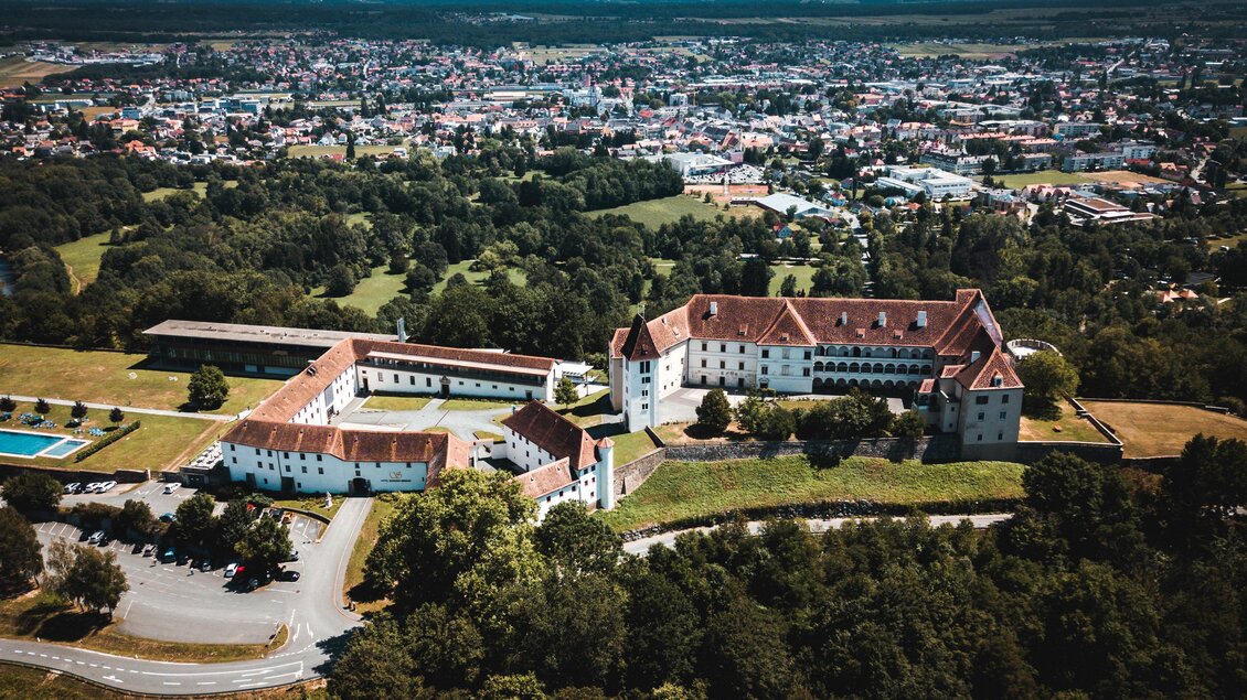 Eine beeindruckende Ansicht eines historischen Schlosses, umgeben von grünen Wäldern und einer Stadt im Hintergrund. Die Architektur ist markant und gut erhalten. | © Patrick Schadler | shutterstock.com