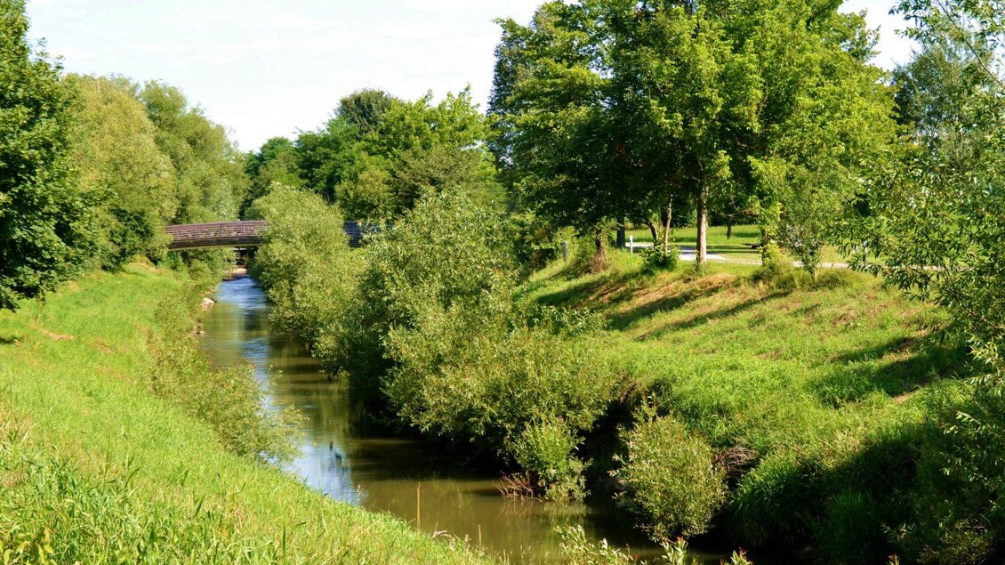 Ein ruhiger Fluss umgeben von grünen Wiesen und Bäumen. Im Hintergrund ist eine kleine Brücke zu sehen. | © Kurkommission Bad Blumau