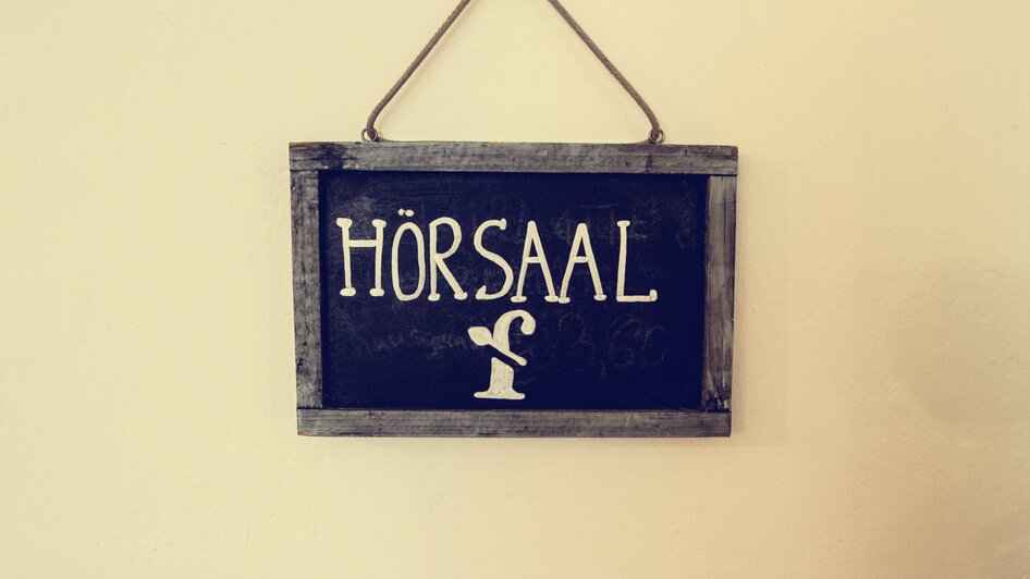Ein Schild mit der Aufschrift 'HÖRSAAL' und einer stilisierten Zeichnung.
