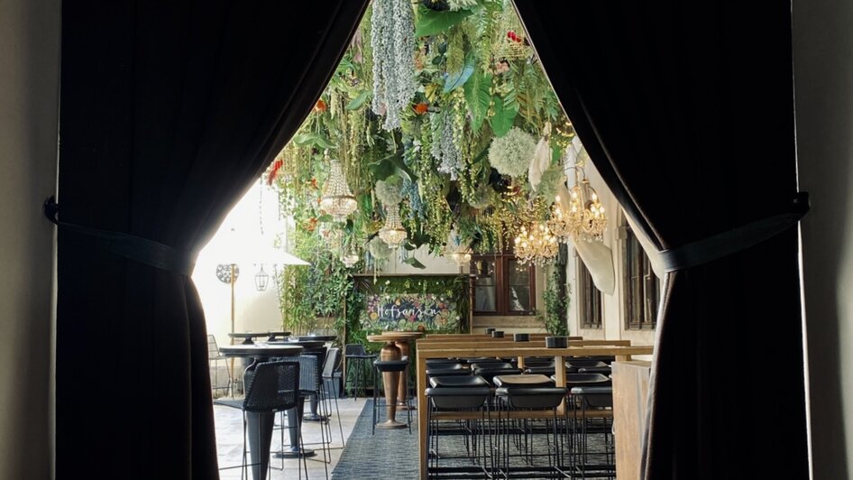 Blick auf eine stilvolle Bar mit Pflanzen und gemütlichen Möbeln.